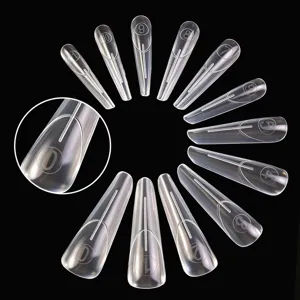 Clear French nail tips with scale numbers, professional transparent extension false nails.