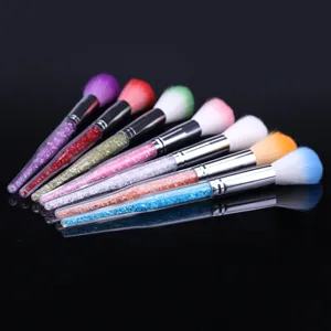 Ensemble de pinceaux à poussière d'ongles en cristal coloré, pinceaux de maquillage à poils doux.