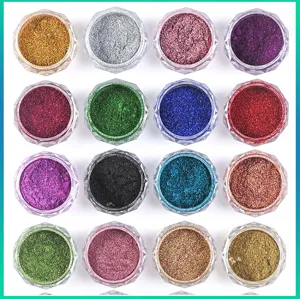 16 bunte Glitzerpuder Dosen für Nageldesign, ideal für glänzende Nagelkunst Effekte.