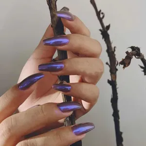 Glossy purple metallic press-on false nails chameleon mirror effect long coffin manicure