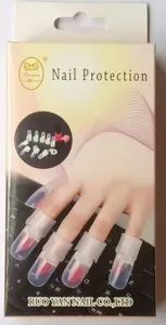 Detailed closeup of nail protection covers in retail packaging, designed for manicures.