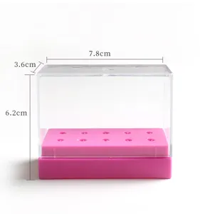 Clear plastic nail drill bit storage box with pink insert holder desktop organizer 7.8cm