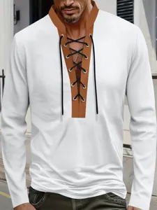 Men's waffle knit long sleeve shirt featuring a unique 3D printed lace-up chest illusion.