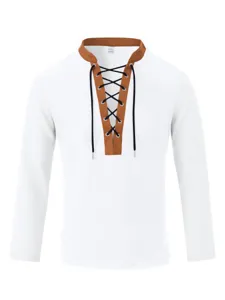 Men's waffle knit long sleeve shirt with contrast color stand collar and lace-up front detail.