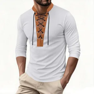 Waffle knit long sleeve shirt detail, contrast brown stand collar with black lace up front.