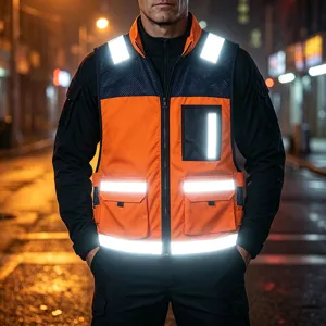 Men's reflective tactical utility safety vest with multi-pockets for outdoor work night commuting