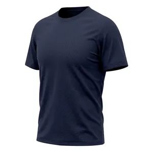 Detailed view of the dark blue breathable mesh athletic t-shirt showing quick-dry fabric texture.