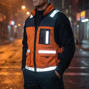 Reflective tactical utility vest for men, high visibility outdoor workwear detail shot.