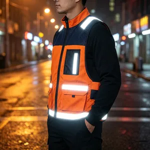 Men's reflective safety work vest, high visibility neon orange and black tactical utility outerwear.