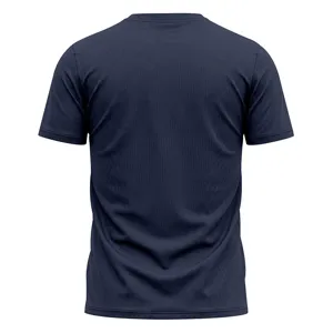 Back detail view of men's dark blue mesh quick dry sports T-shirt for fitness and running.