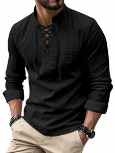 Camisa de lino de manga larga para hombre cuello mao con cordones para otoño tops