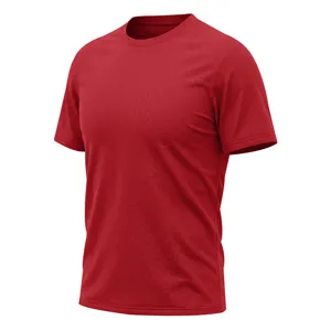 Close-up view showing breathable mesh fabric texture and neat stitching of red sports t-shirt.