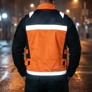 High visibility safety vest with reflective strips, tactical outdoor workwear for night commute.