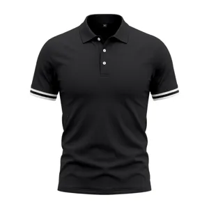 Men's casual black short sleeve polo shirt with contrast white striped cuffs and turn-down collar.