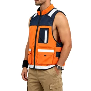 Men's safety tactical reflective vest detail showing mesh panels, high-vis stripes, and utility pockets.