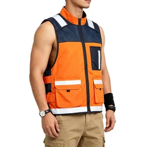 Men tactical reflective safety vest summer outdoor workwear utility orange blue pocket