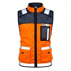 detail view of summer men tactical reflective workwear safety vest with multi pockets orange