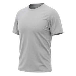 Grey breathable mesh quick-dry short-sleeve athletic t-shirt detail view showing fabric texture.