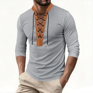 Men waffle knit long sleeve shirt detail, close-up of orange lace-up collar and black ties.