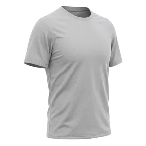 Detailed view of the solid gray breathable mesh athletic fitness short-sleeve T-shirt.