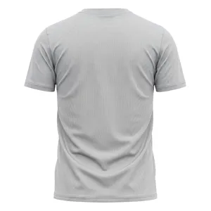 Back view display of mens grey mesh quick dry sports t shirt, breathable fabric detail.