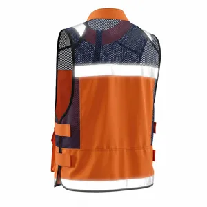 Men's high visibility reflective safety vest, breathable mesh outdoor workwear, orange.
