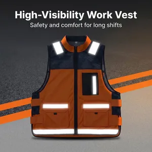 Men's high visibility work vest reflective safety tactical gear with multi pockets detail view.