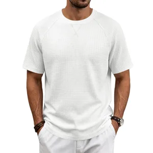 Men's Waffle Knit Short Sleeve T-Shirt Solid Color Casual Crew Neck Loose Fit Breathable Quick Dry Top For Men Commuting Fashion Daily Wear