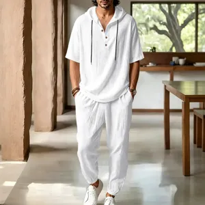 Men's casual linen hooded short sleeve shirt and pants set, breathable beach summer outfit.