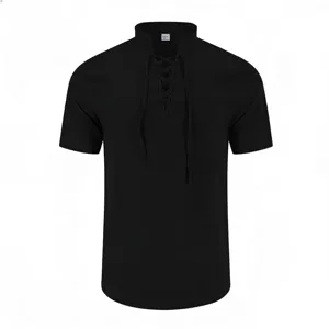 Men's retro casual solid color lace-up short sleeve shirt, comfortable medieval top.