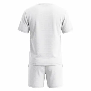 Detail view of mens white waffle knit short sleeve t-shirt and shorts set, back texture.