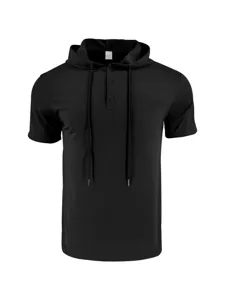 Detailed view of the black short sleeve hooded t-shirt with button placket and drawstrings.