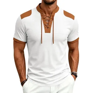 Waffle knit fabric detail with brown contrast color block, lace up front and short sleeves.
