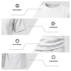 Close-up details of waffle knit t-shirt and shorts set, focusing on neckline and cuffs.