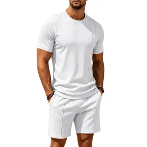 Men's summer casual waffle knit crewneck short sleeve t-shirt and matching shorts two-piece set