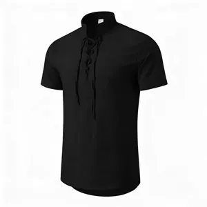 Men's retro solid black lace-up short sleeve henley shirt, casual summer daily wear detail.