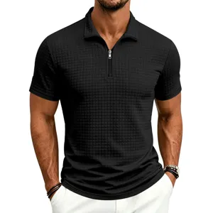 Men's black short sleeve jacquard grid polo shirt with zipper stand collar for summer casual wear.
