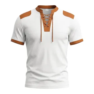 Details of the mens waffle knit short sleeve t-shirt with contrast color drawstring V-neck.