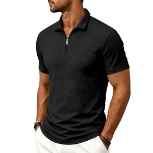 Men's black textured grid short sleeve polo shirt with zipper collar casual business top.