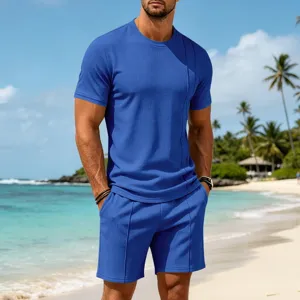 Detail view of men casual waffle knit short sleeve t-shirt and shorts set in bright blue.