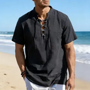 Men short sleeve casual vintage lace up henley shirt for summer beach wear and daily outfits.
