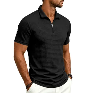 Men black textured short sleeve polo shirt detail, grid pattern with zipper collar.