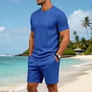 Men's casual waffle knit short sleeve t-shirt and shorts set detail view in blue color.
