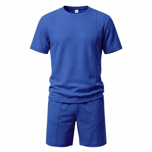 Men summer casual waffle knit short sleeve shirt and shorts matching set in royal blue color.