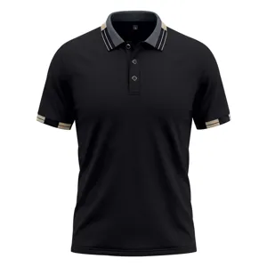 Vista detallada del polo de manga corta para hombre en color negro con cuello y puños de contraste.