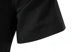 Close-up detail of black short sleeve casual shirt sleeve showing fine fabric and stitching.