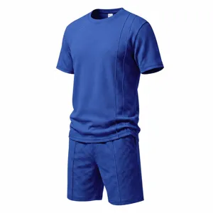 Detailed view of the blue waffle knit short sleeve shirt and shorts set, casual textured style.