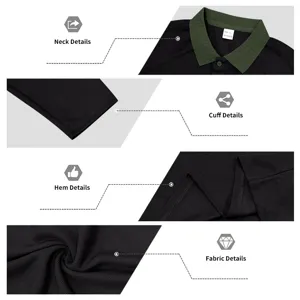 Men long sleeve polo shirt detailed closeup featuring collar cuff hem and fabric texture