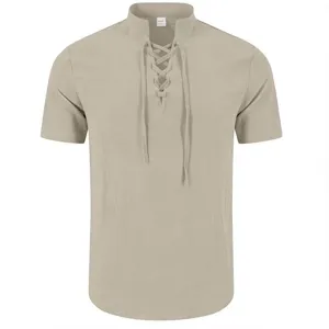 Men's casual retro lace-up short sleeve henley shirt neckline and fabric detail view.