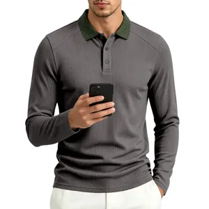 Men's long sleeve polo shirt casual knit pullover with contrast ribbed lapel collar.